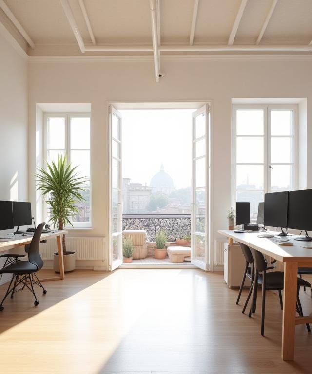 L'interno luminoso dell'ufficio di Tracciato Creativo con vista su un tetto fiorentino.